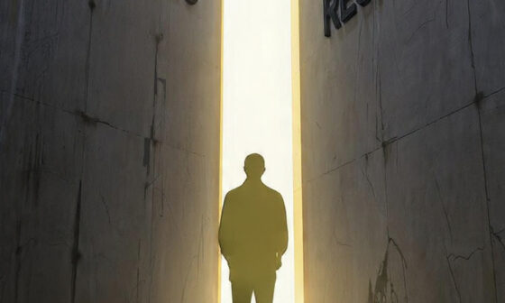 A minimalist, wide-angle shot of a person standing calmly between two massive, towering concrete walls representing "Stimulus" and "Response." A bright, golden light shines from the gap between the walls. The person is in a meditative stance, representing mastery over the void. Surrealist style, clean lines, high contrast.