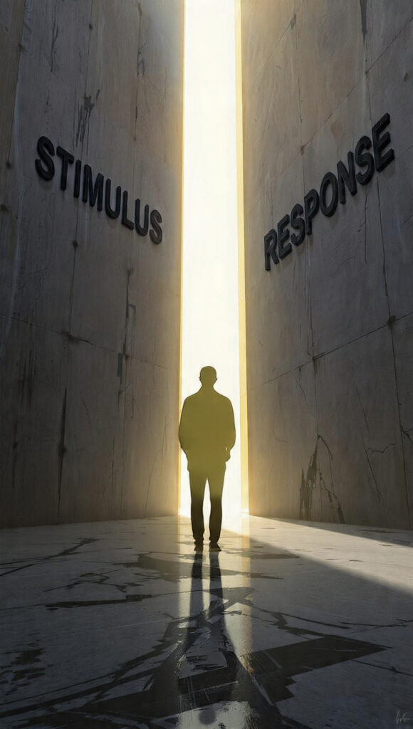 A minimalist, wide-angle shot of a person standing calmly between two massive, towering concrete walls representing "Stimulus" and "Response." A bright, golden light shines from the gap between the walls. The person is in a meditative stance, representing mastery over the void. Surrealist style, clean lines, high contrast.
