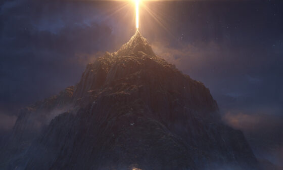 A radiant cross at the mountain peak symbolizing Christ as the zenith of God's eternal plan and the work of God.