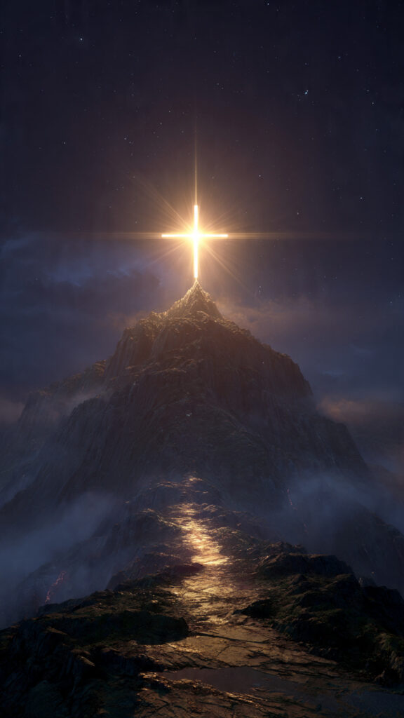 A radiant cross at the mountain peak symbolizing Christ as the zenith of God's eternal plan and the work of God.
