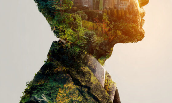 A professional reflecting on the horizon with a digital blueprint overlay, symbolizing the mental architecture and language of sustainably successful people