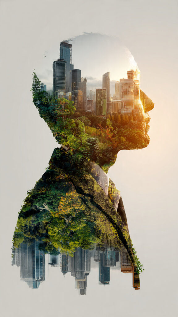 A professional reflecting on the horizon with a digital blueprint overlay, symbolizing the mental architecture and language of sustainably successful people