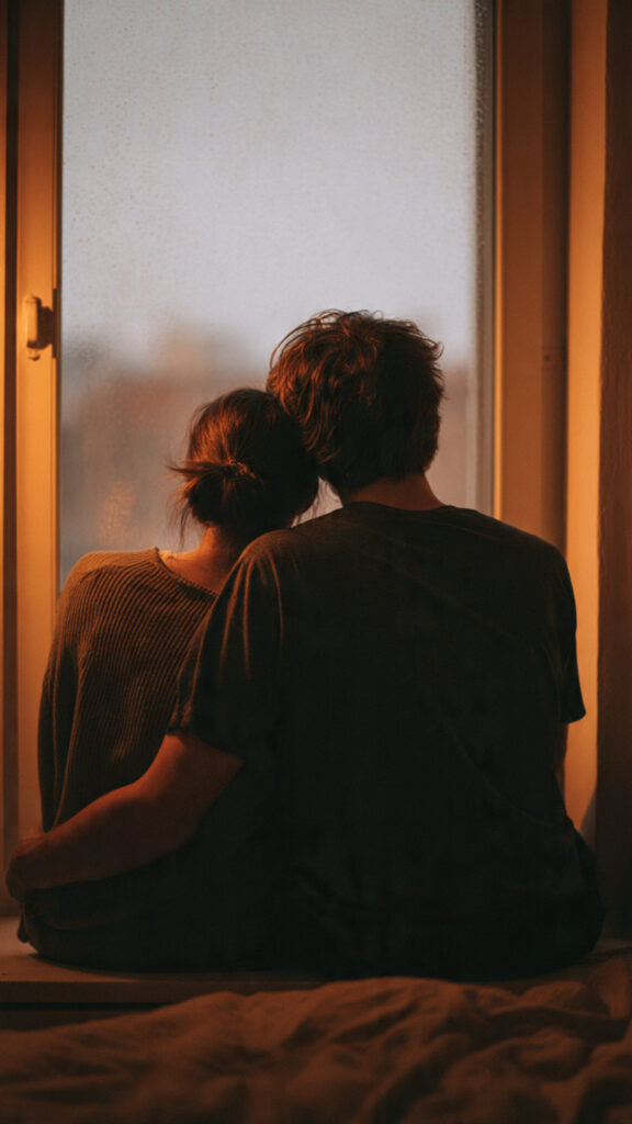 A couple sharing a quiet, supportive moment together