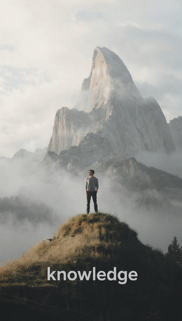 person standing confidently on a small hill representing early knowledge and overconfidence