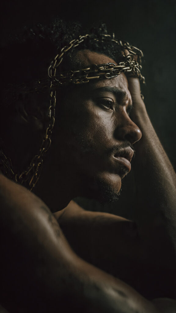 A person reflecting deeply while breaking free from negative thoughts, representing taking every thought captive in 2 Corinthians 10:5