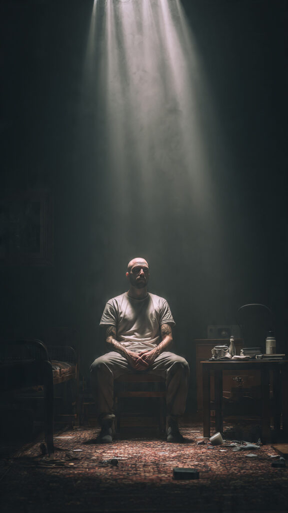 A man sitting in a dim environment reflecting on habits that are draining his life, symbolizing the need for discipline and change