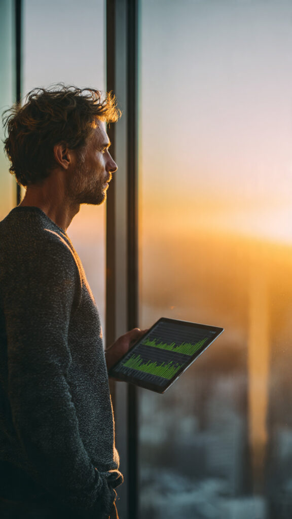 Professional man planning for financial freedom while looking at a growing wealth chart during sunrise.