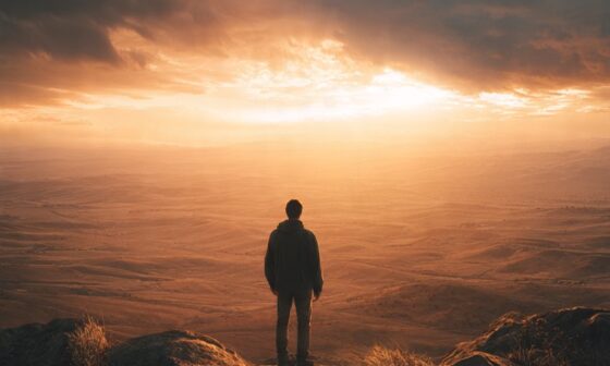 Man overlooking horizon representing path to success and avoiding life mistakes.