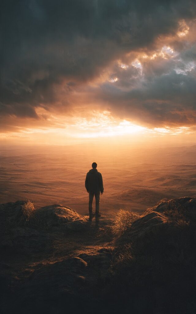 Man overlooking horizon representing path to success and avoiding life mistakes.