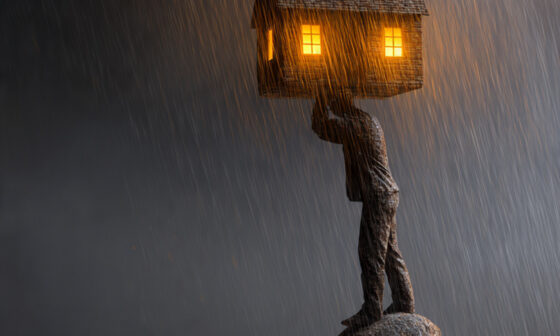 A symbolic photograph showing a man's silhouette standing as a sturdy pillar in a storm, supporting a small, bright house, representing unwavering provision and leadership under pressure.