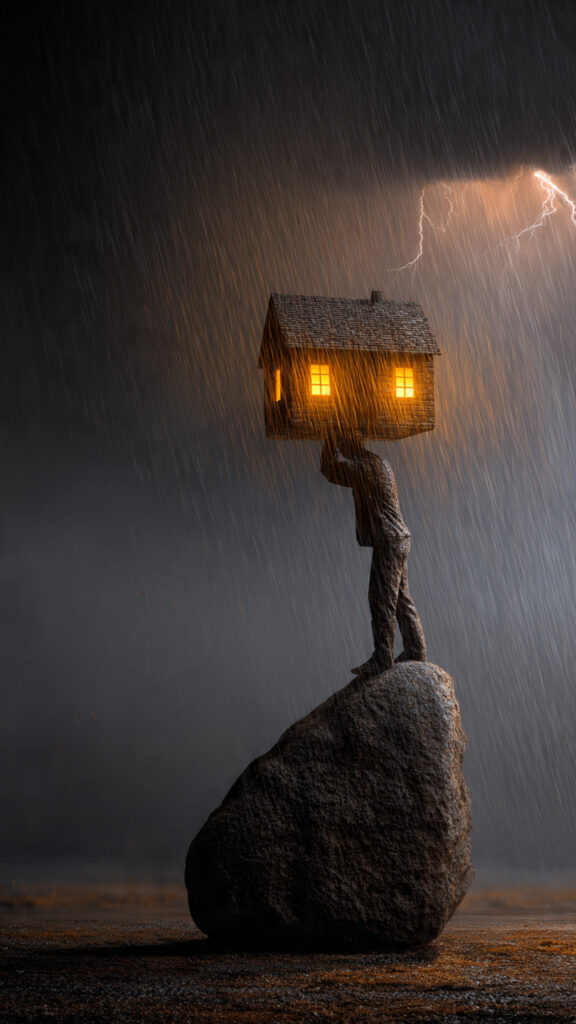 A symbolic photograph showing a man's silhouette standing as a sturdy pillar in a storm, supporting a small, bright house, representing unwavering provision and leadership under pressure.