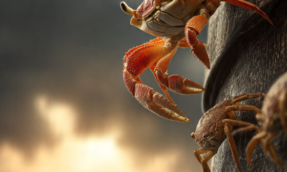 A powerful conceptual photograph of a dark, textured bucket against a stormy sky. One vibrant, healthy crab is successfully pulling itself over the rim toward a bright, golden horizon. Below it, several other crabs reach up with open claws, but instead of pulling the climber down, they are interlacing their limbs to create a sturdy living ladder, symbolizing the shift from envy and sabotage to collective support and communal growth.