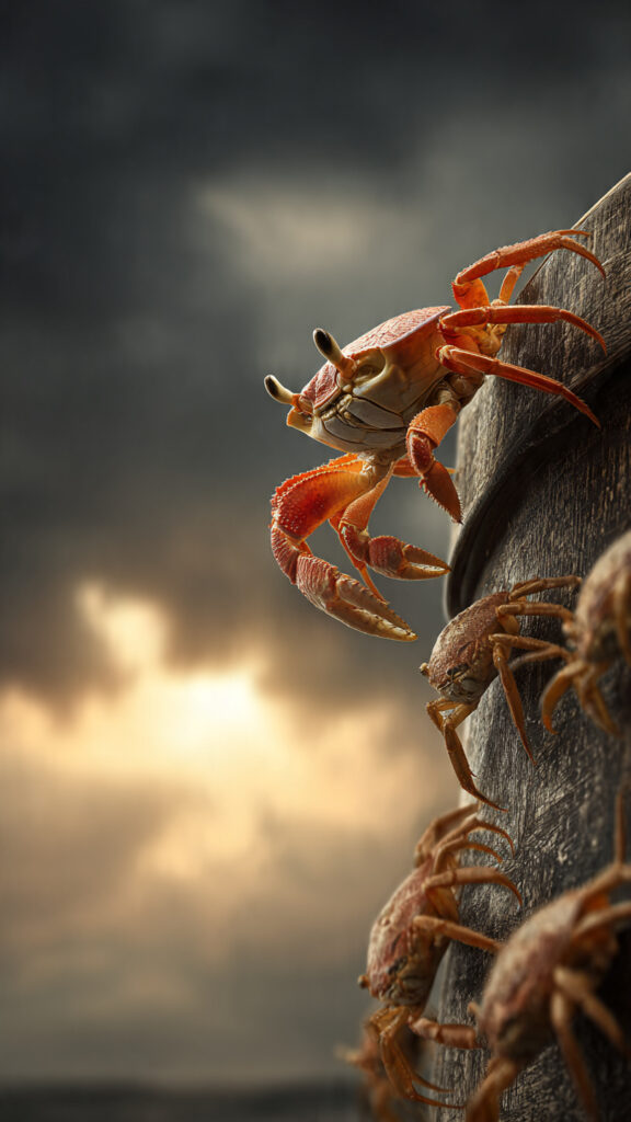 A powerful conceptual photograph of a dark, textured bucket against a stormy sky. One vibrant, healthy crab is successfully pulling itself over the rim toward a bright, golden horizon. Below it, several other crabs reach up with open claws, but instead of pulling the climber down, they are interlacing their limbs to create a sturdy living ladder, symbolizing the shift from envy and sabotage to collective support and communal growth.