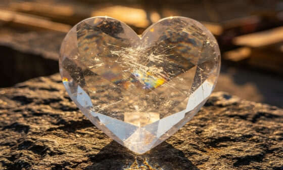 A detailed macro photo showing a transparent crystal heart glowing with sunlight as a prism of light shines from it onto a dark rock surface. There are no shadows. The background is a soft-focus image of a construction site at sunrise, symbolizing the active building of a life of clear conscience