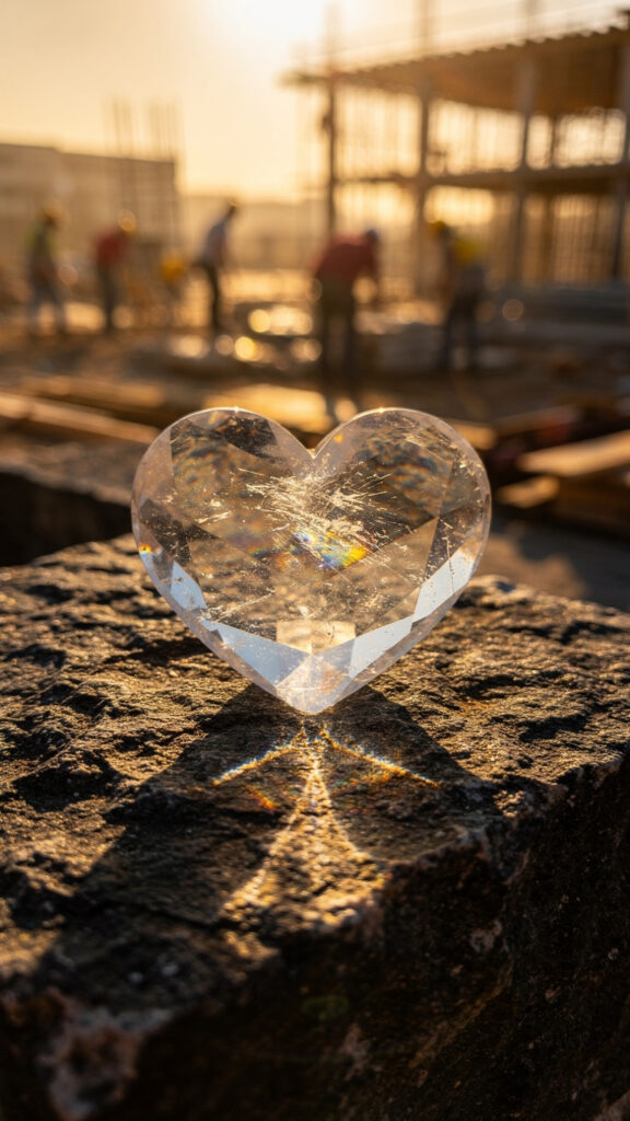 A detailed macro photo showing a transparent crystal heart glowing with sunlight as a prism of light shines from it onto a dark rock surface. There are no shadows. The background is a soft-focus image of a construction site at sunrise, symbolizing the active building of a life of clear conscience
