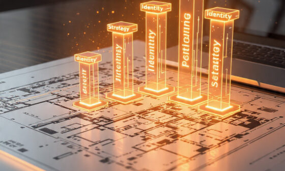A sleek, modern architectural blueprint laying on a wooden desk next to a high-end laptop. On the blueprint, 8 glowing pillars are rising up, labeled with "Strategy," "Identity," and "Positioning." The lighting is professional and inspiring, with a shallow depth of field.