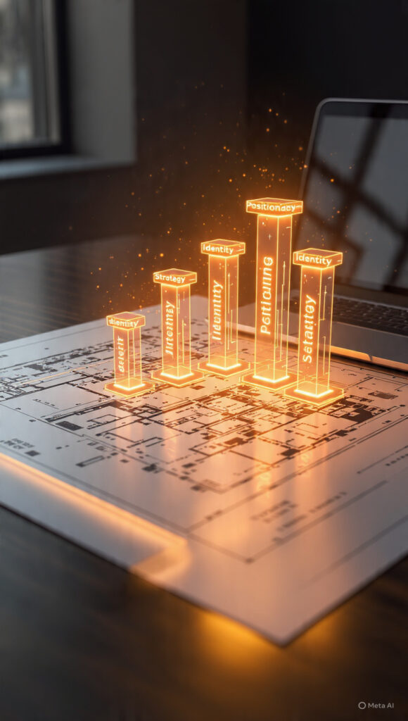 A sleek, modern architectural blueprint laying on a wooden desk next to a high-end laptop. On the blueprint, 8 glowing pillars are rising up, labeled with "Strategy," "Identity," and "Positioning." The lighting is professional and inspiring, with a shallow depth of field.