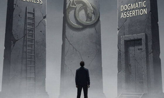 Conceptual illustration of Agrippa's Trilemma with three crumbling stone pillars representing the limits of human logic.