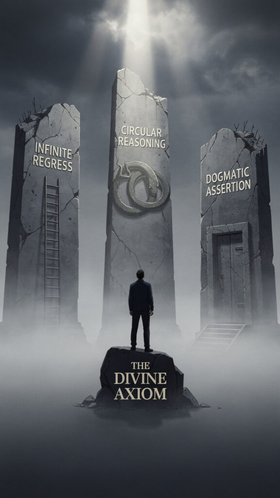 Conceptual illustration of Agrippa's Trilemma with three crumbling stone pillars representing the limits of human logic.