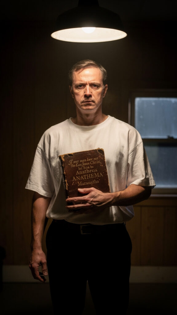 A person standing in darkness looking toward a bright light, representing the warning of Anathema Maranatha and the coming of the Lord