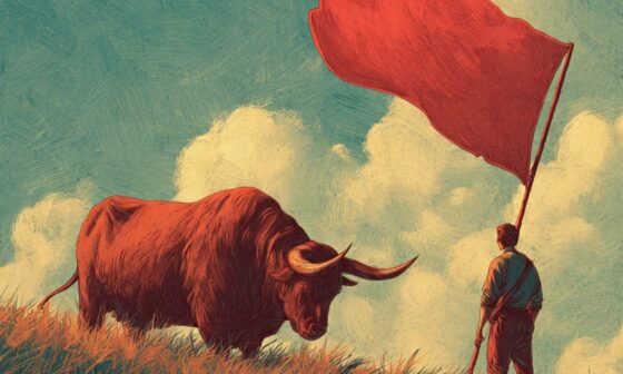 A conceptual illustration of a person calmly holding a red flag while a bull peacefully grazes nearby, symbolizing the mastery of emotional triggers and disagreement.