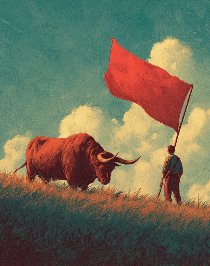 A conceptual illustration of a person calmly holding a red flag while a bull peacefully grazes nearby, symbolizing the mastery of emotional triggers and disagreement.