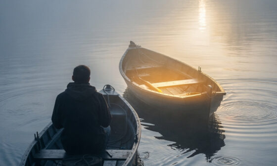 A serene image of two boats colliding on a foggy river, showing that the second boat is completely empty and drifting with the current.