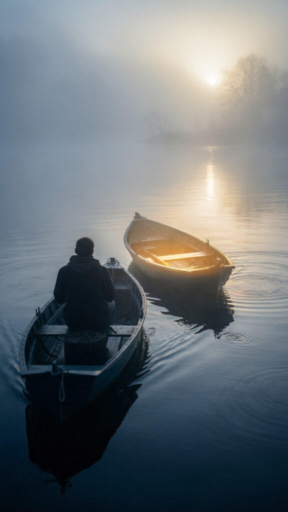A serene image of two boats colliding on a foggy river, showing that the second boat is completely empty and drifting with the current.
