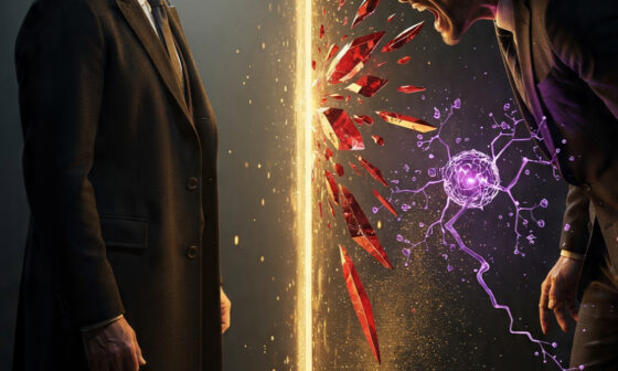 A conceptual digital art piece depicting a calm man in a fedora standing behind a glowing golden shield. An aggressive man’s insults are shown as red shards breaking against the shield, while a purple dopamine pathway withers away, illustrating how staying calm denies an aggressor their emotional reward.