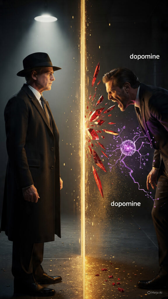 A conceptual digital art piece depicting a calm man in a fedora standing behind a glowing golden shield. An aggressive man’s insults are shown as red shards breaking against the shield, while a purple dopamine pathway withers away, illustrating how staying calm denies an aggressor their emotional reward.