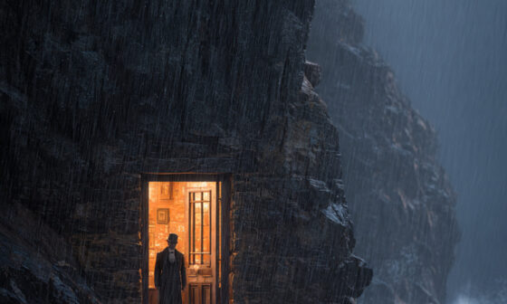 A resolved historical figure stands firmly in the doorway of a brightly lit, weathered oak door set into a dark granite cliff face, looking out into a fierce, dark twilight storm and approaching shadow figure. It symbolizes James Garfield’s quote about trouble finding a prepared person ‘home’ with Stoic resilience.