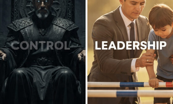 A conceptual image contrasting a cold king on a throne representing 'Dominion' with a supportive man helping a partner representing 'Leadership,' showing that true strength is found in service.