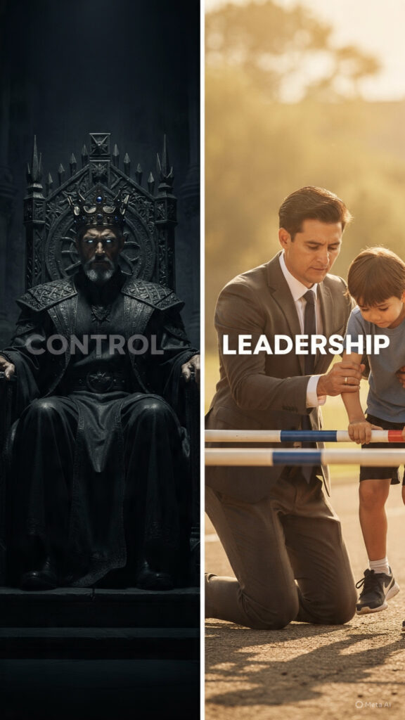 A conceptual image contrasting a cold king on a throne representing 'Dominion' with a supportive man helping a partner representing 'Leadership,' showing that true strength is found in service.