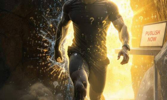 A dynamic photograph showing a man bursting through a heavy curtain of self-doubt and complex equations into a bright, golden-lit space representing 'Boldness' and 'The Promised Land', with a laptop displaying a red 'Publish Now' button, illustrating the move from analysis paralysis to bold action.