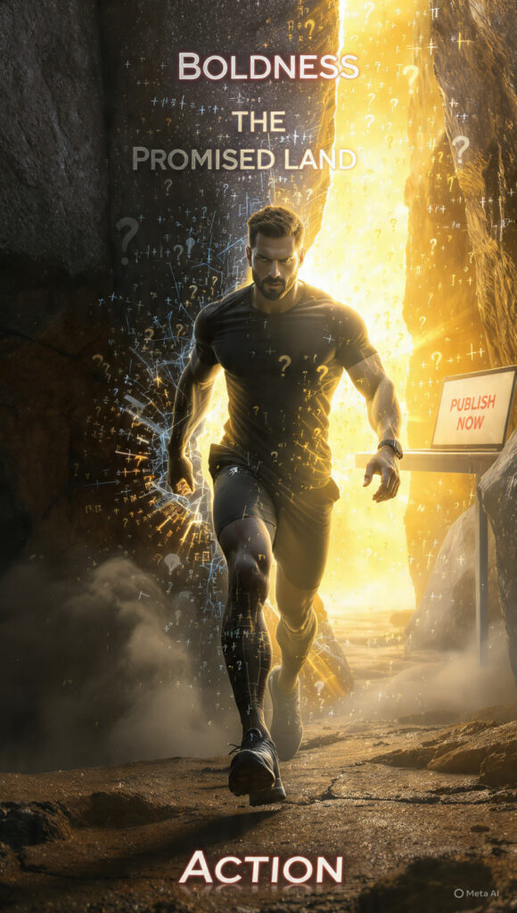 A dynamic photograph showing a man bursting through a heavy curtain of self-doubt and complex equations into a bright, golden-lit space representing 'Boldness' and 'The Promised Land', with a laptop displaying a red 'Publish Now' button, illustrating the move from analysis paralysis to bold action.