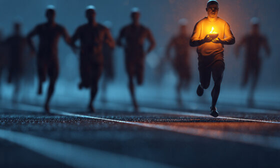 A runner on a dark track cupping their hands to protect a glowing candle flame from the wind, symbolizing the protection of one's purpose during the race of life.