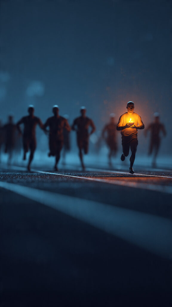 A runner on a dark track cupping their hands to protect a glowing candle flame from the wind, symbolizing the protection of one's purpose during the race of life.