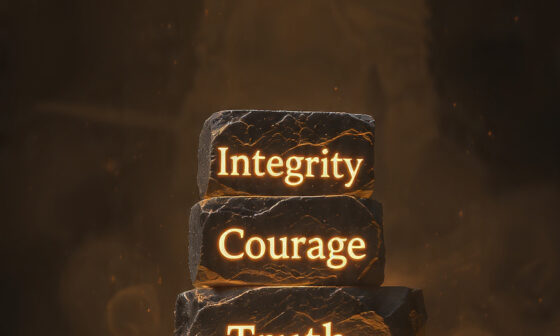 A conceptual 3D render showing stone blocks representing daily acts of integrity being stacked in front of a faint knight's silhouette, illustrating the process of building real character over heroic fantasies.