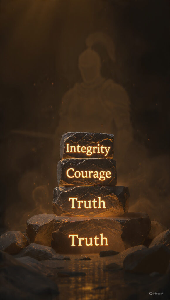 A conceptual 3D render showing stone blocks representing daily acts of integrity being stacked in front of a faint knight's silhouette, illustrating the process of building real character over heroic fantasies.