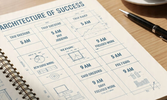 A physical blueprint titled 'Architecture of Success' featuring structured daily regimens like 5 AM jogging and study, placed on a desk with morning sunlight, illustrating disciplined lifestyle habits.