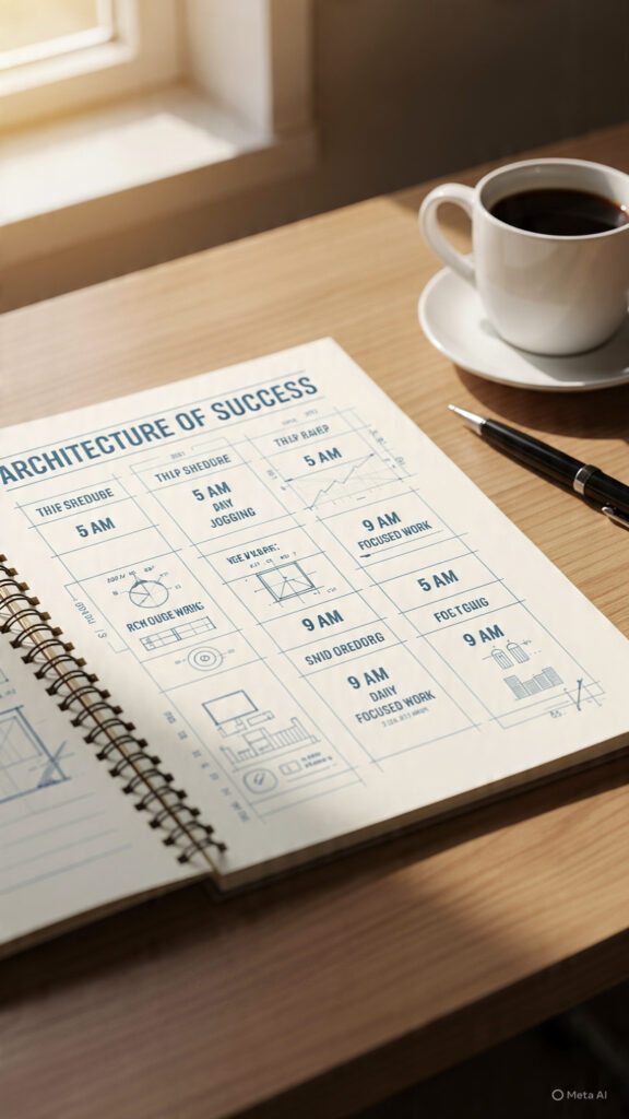 A physical blueprint titled 'Architecture of Success' featuring structured daily regimens like 5 AM jogging and study, placed on a desk with morning sunlight, illustrating disciplined lifestyle habits.