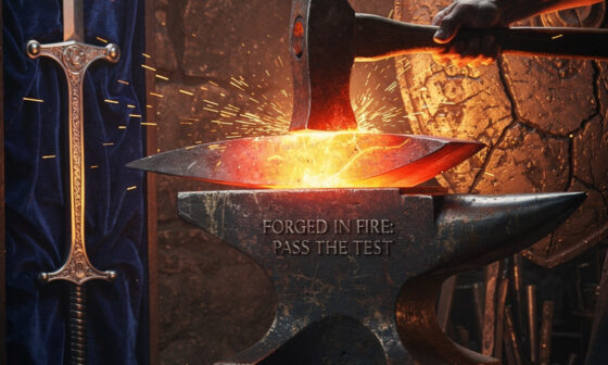 Conceptual image showing the fiery forging of a rugged shield, symbolizing the transition from untested character to proven resilience through adversity.