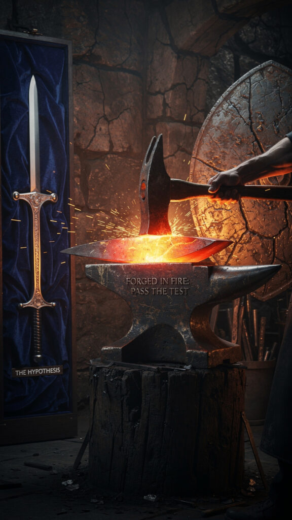 Conceptual image showing the fiery forging of a rugged shield, symbolizing the transition from untested character to proven resilience through adversity.
