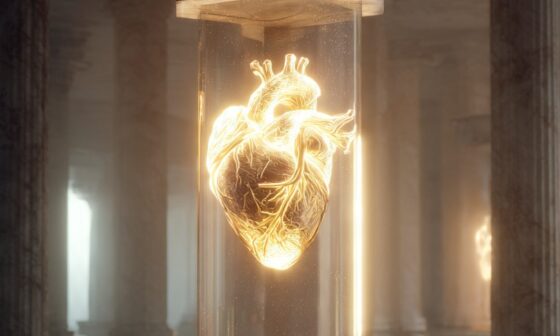 A high-quality, cinematic image of a glowing, golden heart being refined inside a marble pillar. The background is a serene, dimly lit temple.