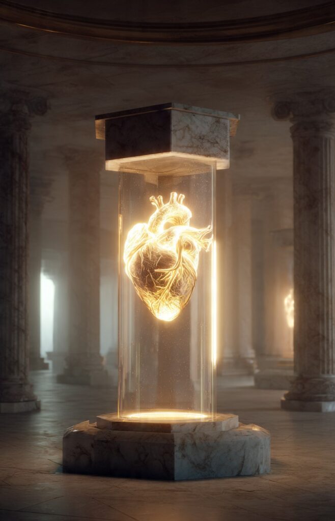 A high-quality, cinematic image of a glowing, golden heart being refined inside a marble pillar. The background is a serene, dimly lit temple.