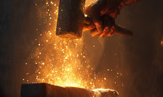 A conceptual image of a divine blacksmith hammering glowing steel in a forge, with sparks forming symbols of character and courage, representing the forging of a good life through hard trials.