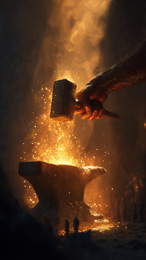 A conceptual image of a divine blacksmith hammering glowing steel in a forge, with sparks forming symbols of character and courage, representing the forging of a good life through hard trials.