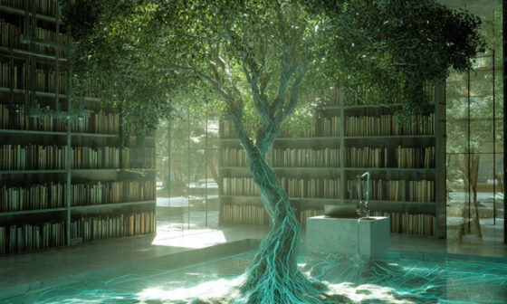 A conceptual image of a glowing evergreen tree growing inside a digital library, symbolizing the building of a lasting digital legacy through timeless content.