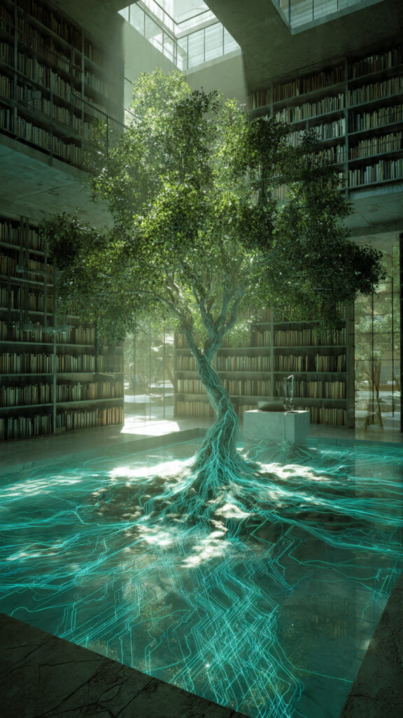 A conceptual image of a glowing evergreen tree growing inside a digital library, symbolizing the building of a lasting digital legacy through timeless content.