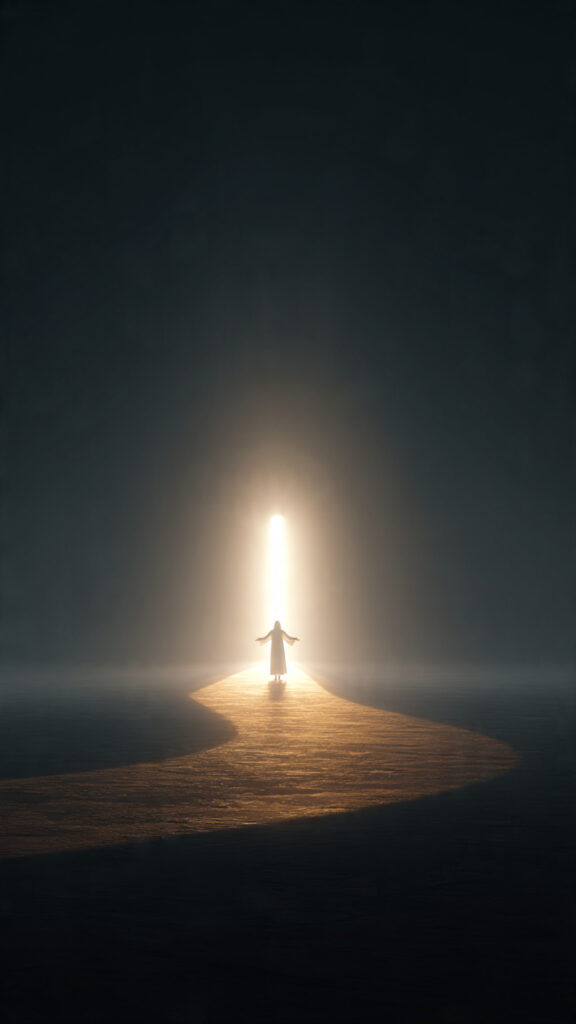 A narrow path leading toward a bright light representing the exclusive claim of Jesus. with a bright man standing at the end of the bright light, wearing white with His arms wide open